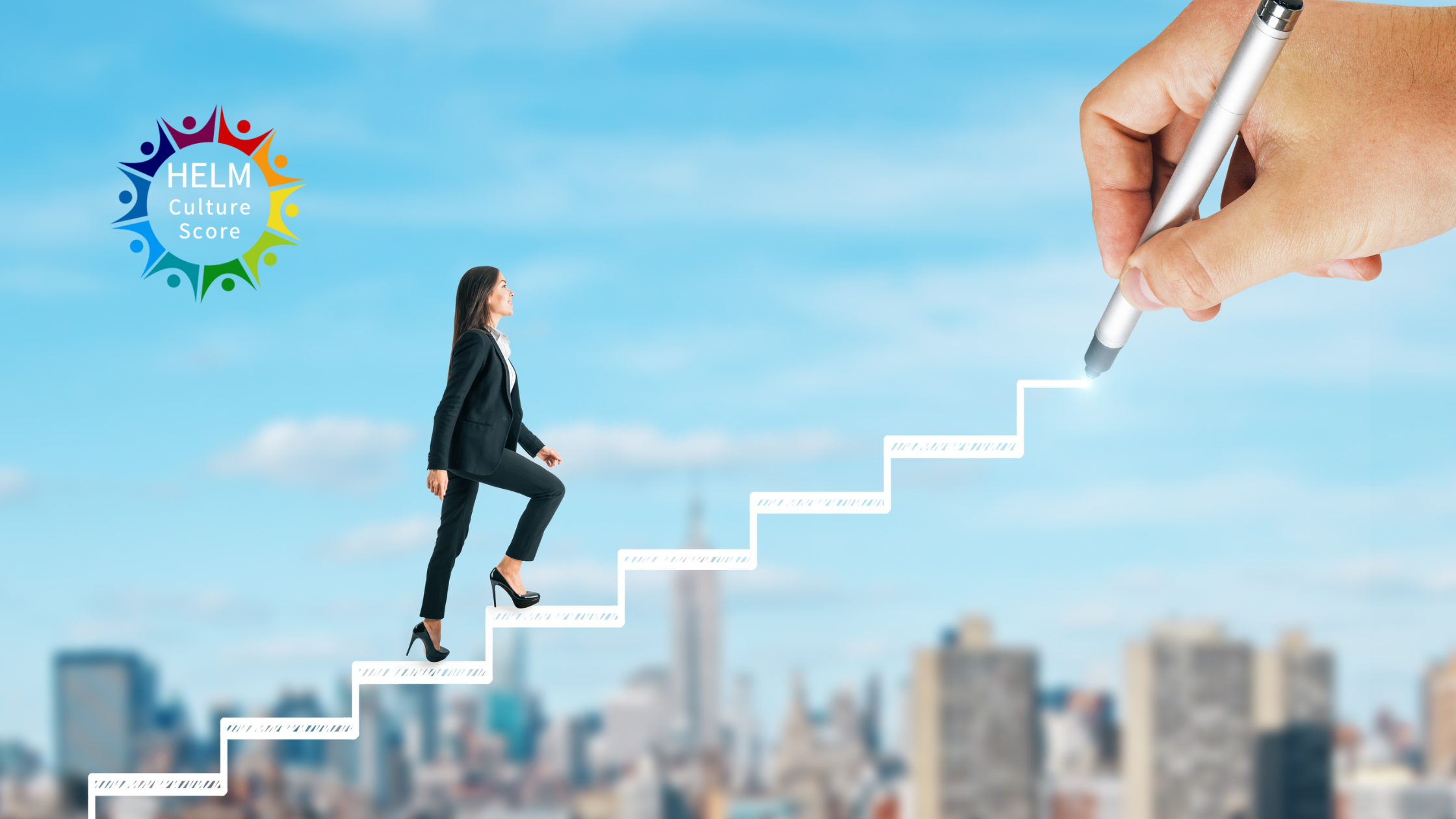 Businesswoman climbing drawn steps towards career growth with HELM Culture Score logo