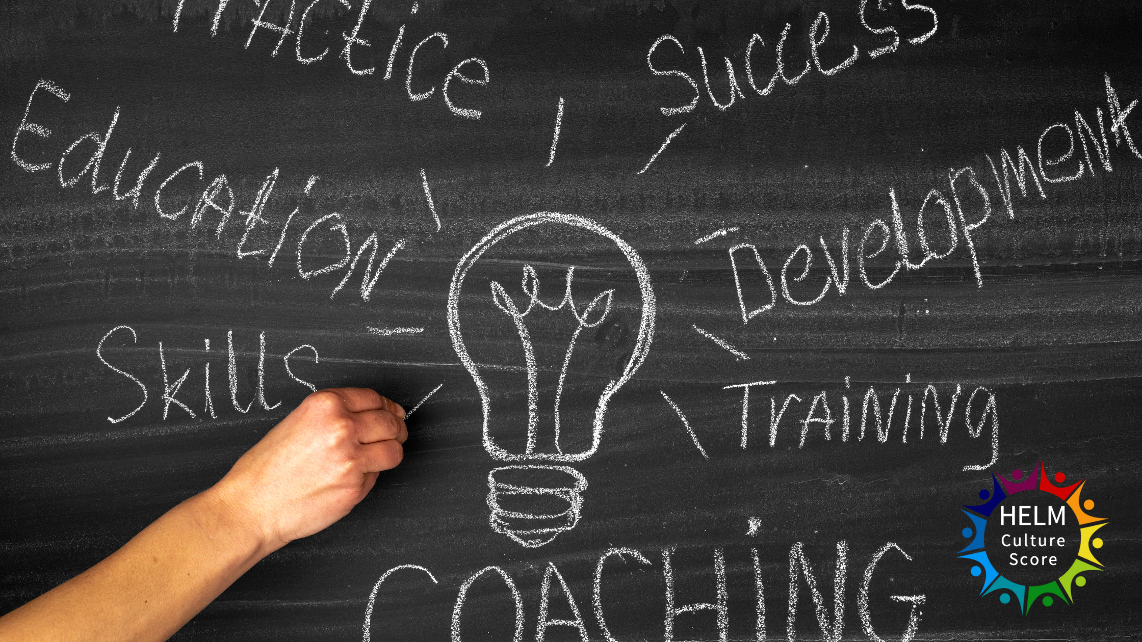 Chalkboard illustration of the coaching process with lightbulb and words like skills, training and development, HELM Culture Score logo.